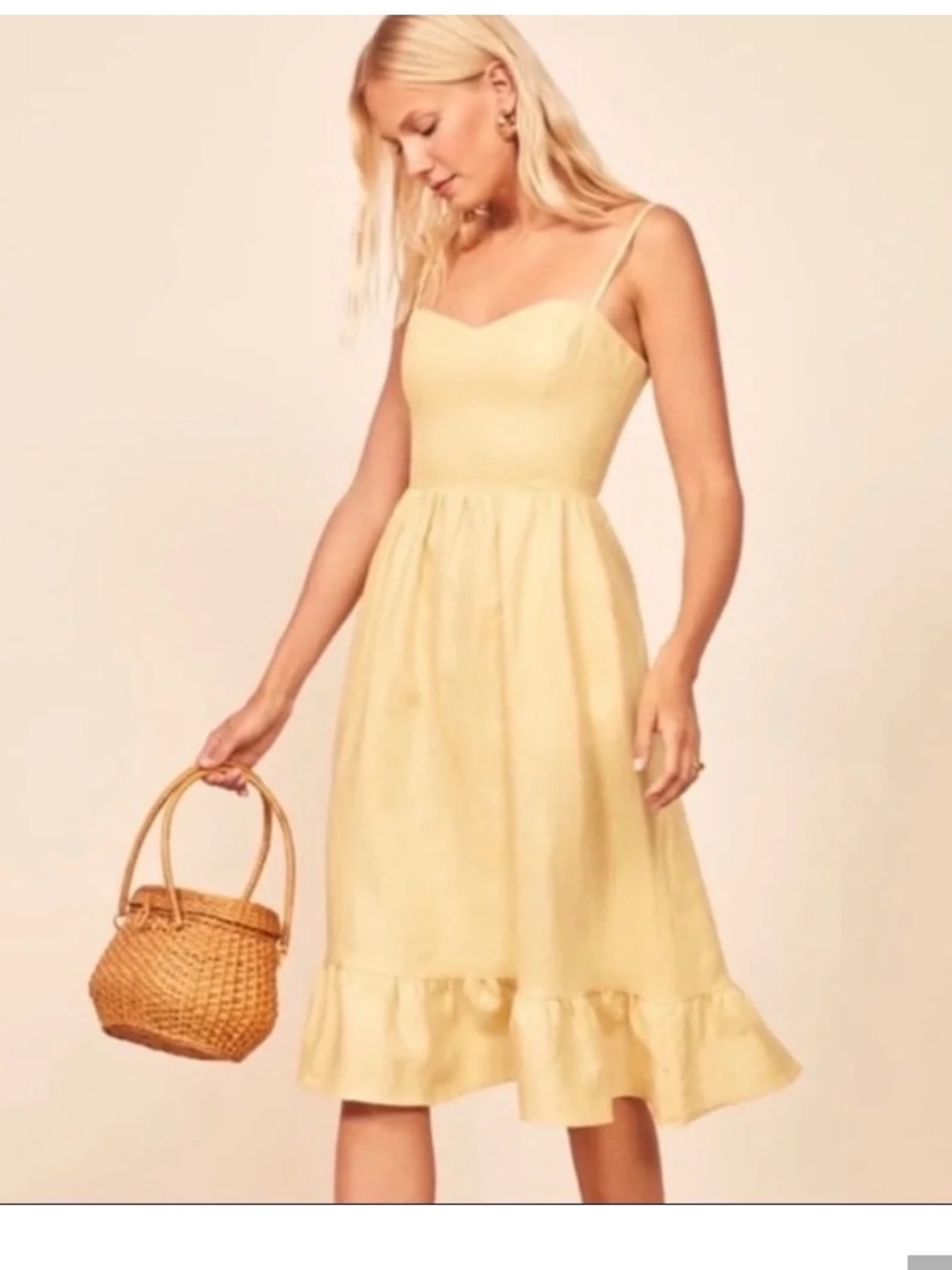 Reformation butter yellow linen Ruffle-Hem Midi Dress. 0